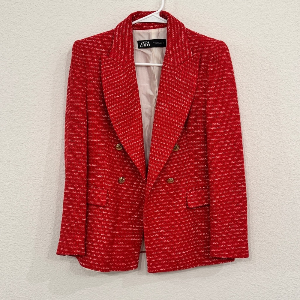 Zara Vibrant Red Blazer with Gold Accents Small